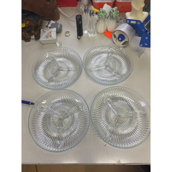 Other - Vintage Clear Glass Divided Grill Plates Ribbed Sunburst 3 Section Set of 4 7.5"